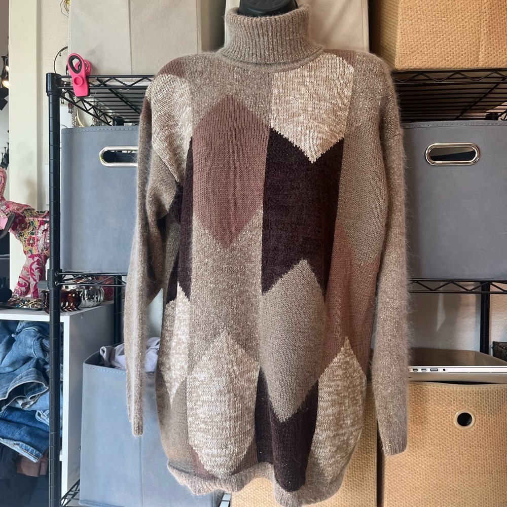 Turtleneck Geometric Pattern Women's Sweater - Brown/Cream